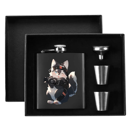 Personalized Hip Flask Set 7oz Black Stainless Steel with A Gift Box