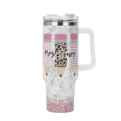 Personalized 40oz Stainless Steel Tumbler Gift With White Handle and Straw