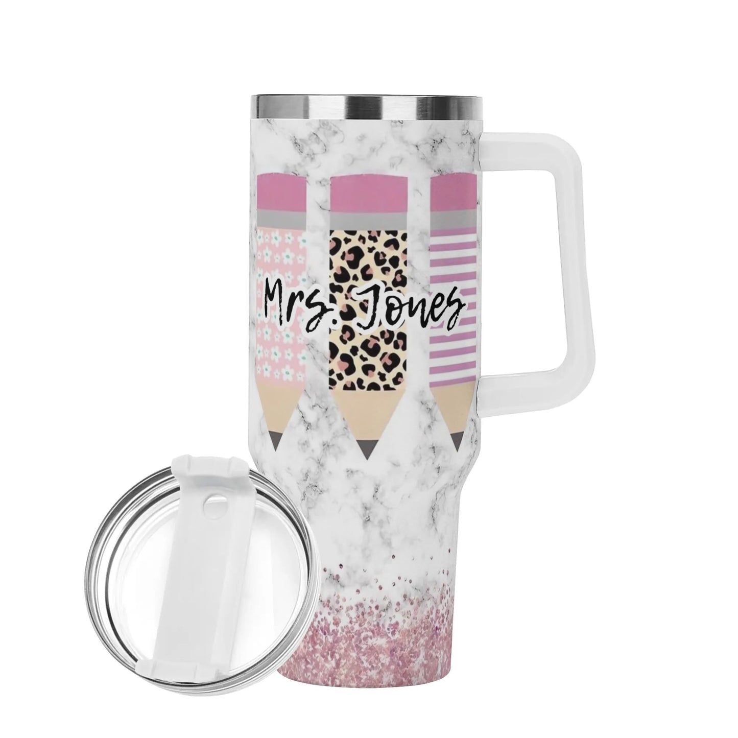 Personalized 40oz Stainless Steel Tumbler Gift With White Handle and Straw