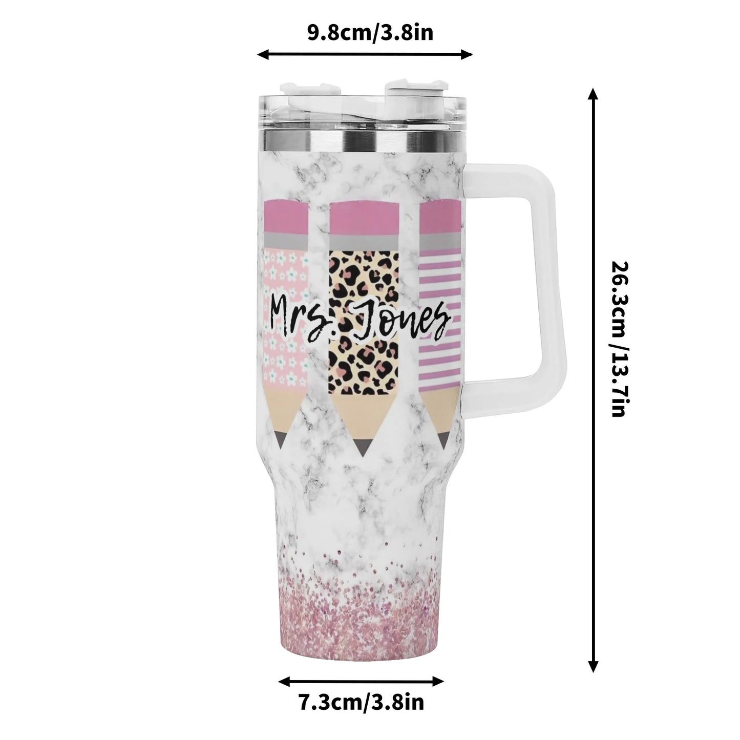 Personalized 40oz Stainless Steel Tumbler Gift With White Handle and Straw