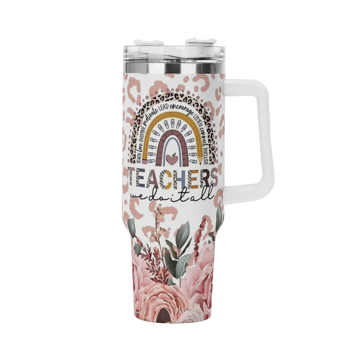 Personalized 40oz Stainless Steel Tumbler Gift With White Handle and Straw