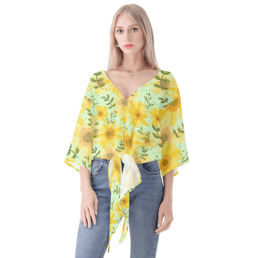 Women‘s’ V-neck Tie Front Knot Chiffon Blouse Sunflower Design