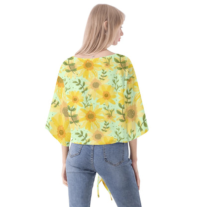 Women‘s’ V-neck Tie Front Knot Chiffon Blouse Sunflower Design