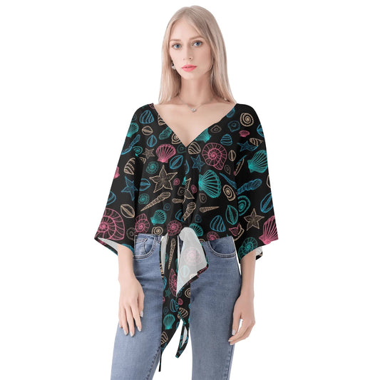 Women‘s’ V-neck Tie Front Knot Chiffon Blouse