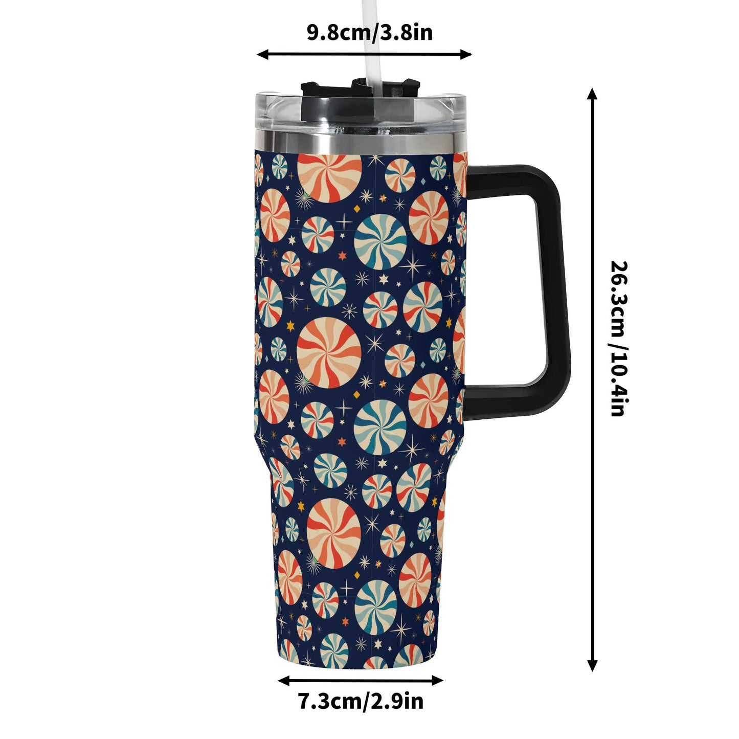 Personalized 40oz Stainless Steel Tumbler Gift With Black Handle and Straw Winter Peppermint