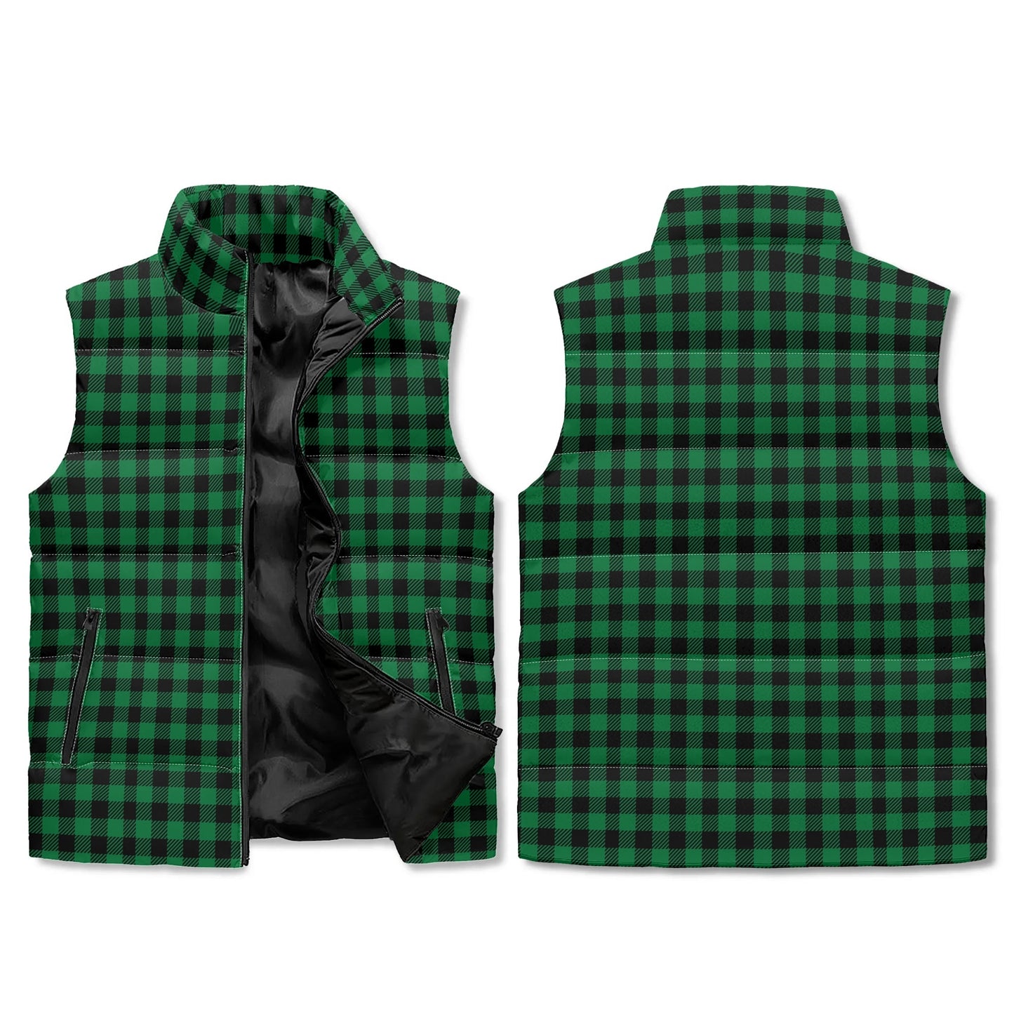 Unisex Lightweight All Over Plaid Printing Stand Collar Zip Up Puffer Vest