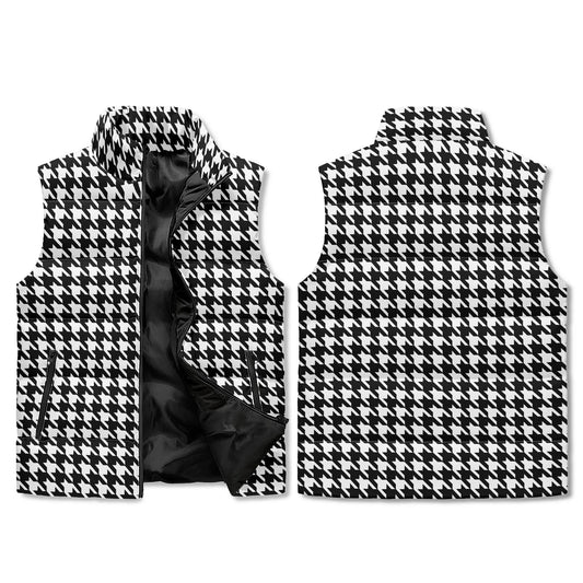 Unisex Lightweight All Over Houndstooth Printing Stand Collar Zip Up Puffer Vest