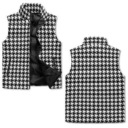 Unisex Lightweight All Over Houndstooth Printing Stand Collar Zip Up Puffer Vest