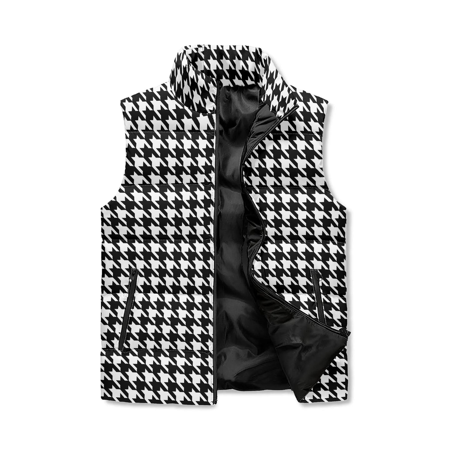 Unisex Lightweight All Over Houndstooth Printing Stand Collar Zip Up Puffer Vest