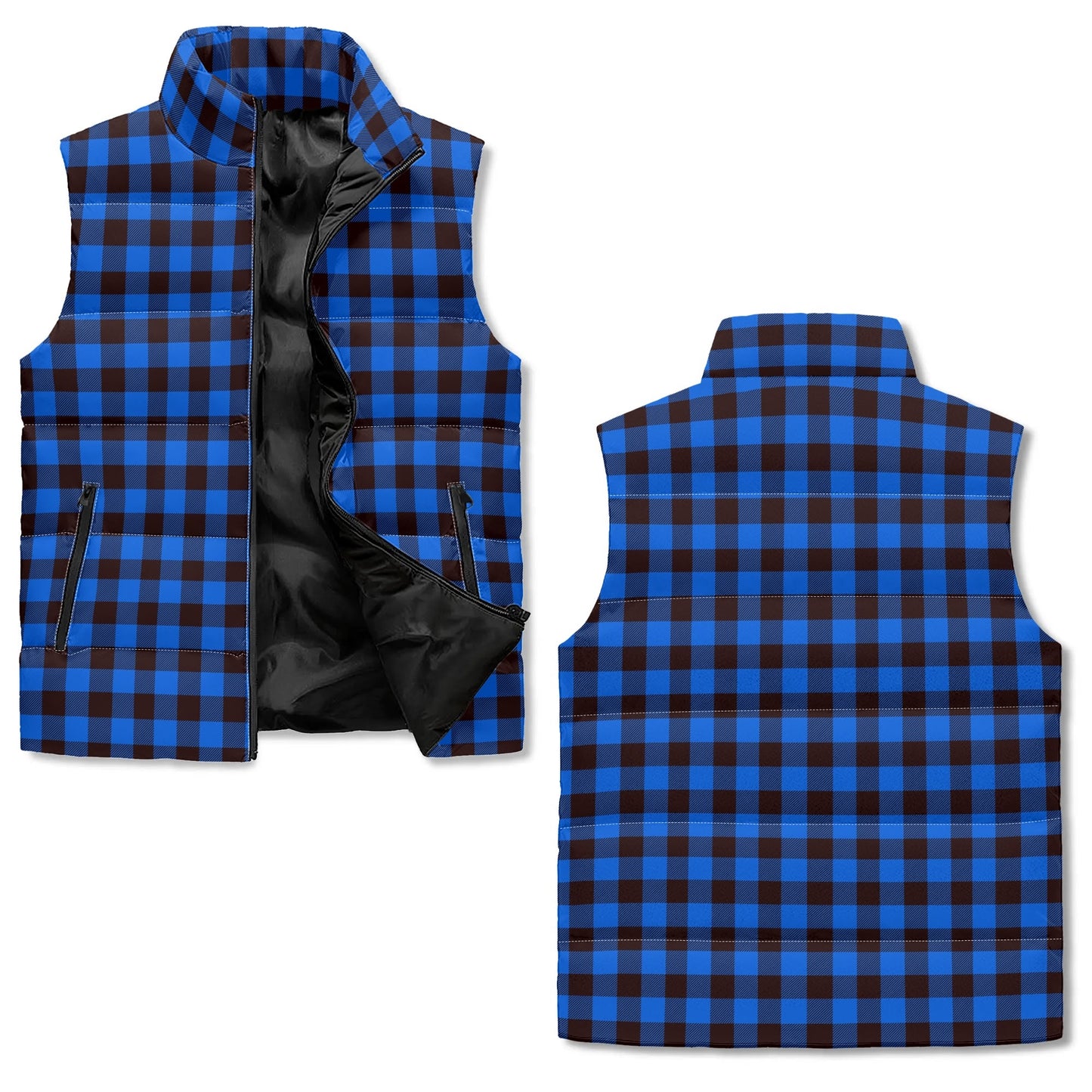 Unisex Lightweight All Over Plaid Printing Stand Collar Zip Up Puffer Vest