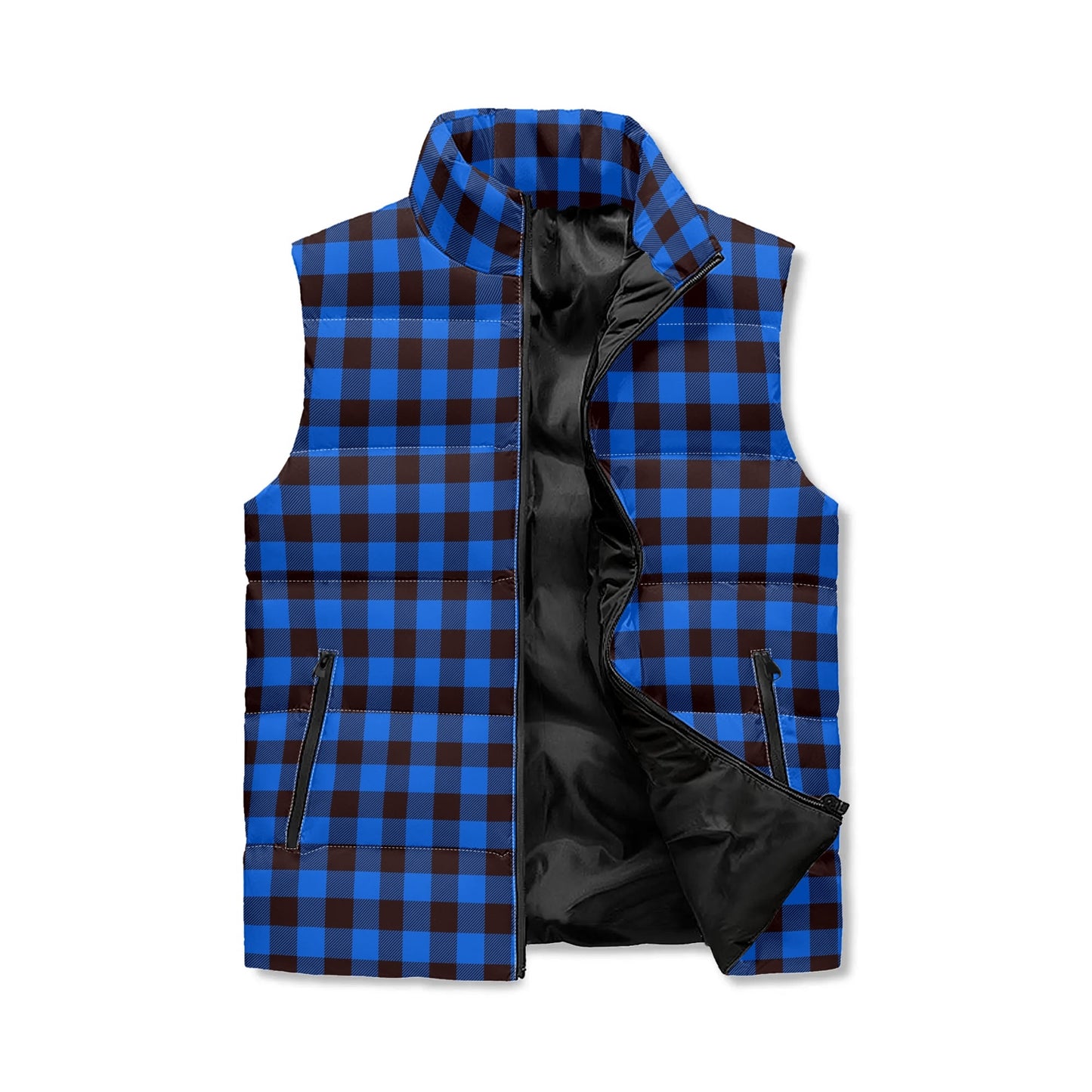 Unisex Lightweight All Over Plaid Printing Stand Collar Zip Up Puffer Vest