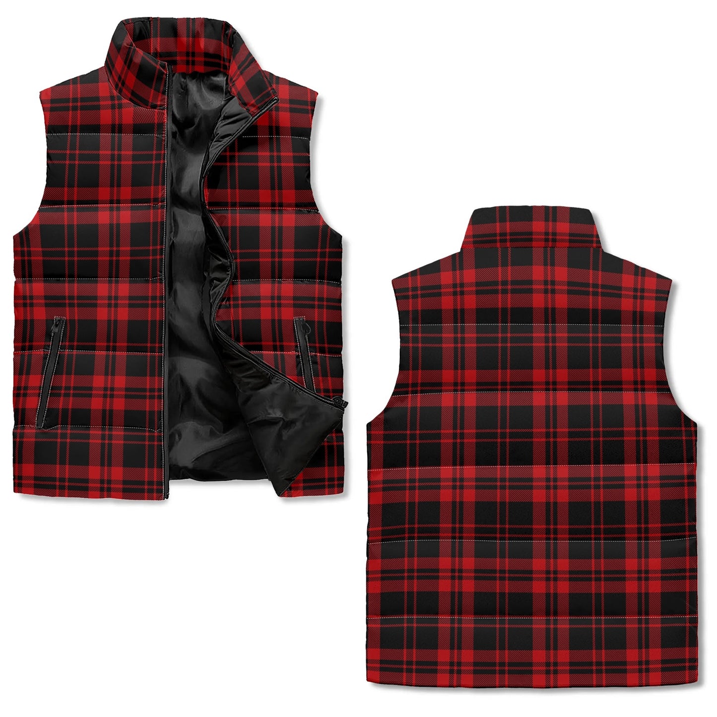 Unisex Lightweight All Over Plaid Printing Stand Collar Zip Up Puffer Vest