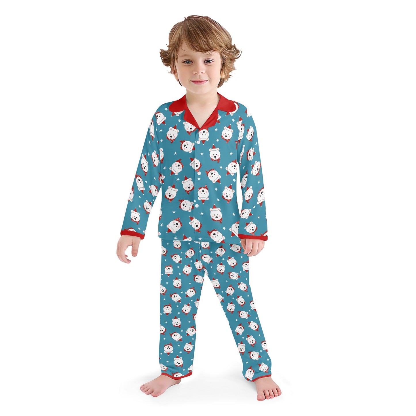 Kids Collar Design Long Nightwear Christmas Pajama Set (No Pockets)