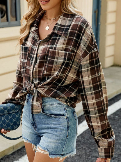 Plaid Collared Neck Long Sleeve Shirt