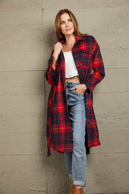 Ivy Lane Plaid Belted Button Down Longline Shirt Jacket