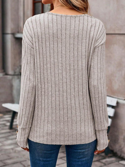 Ribbed V-Neck Long Sleeve T-Shirt