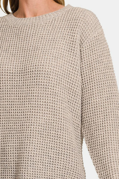 Zenana High Low Long Sleeve Waffle Sweater