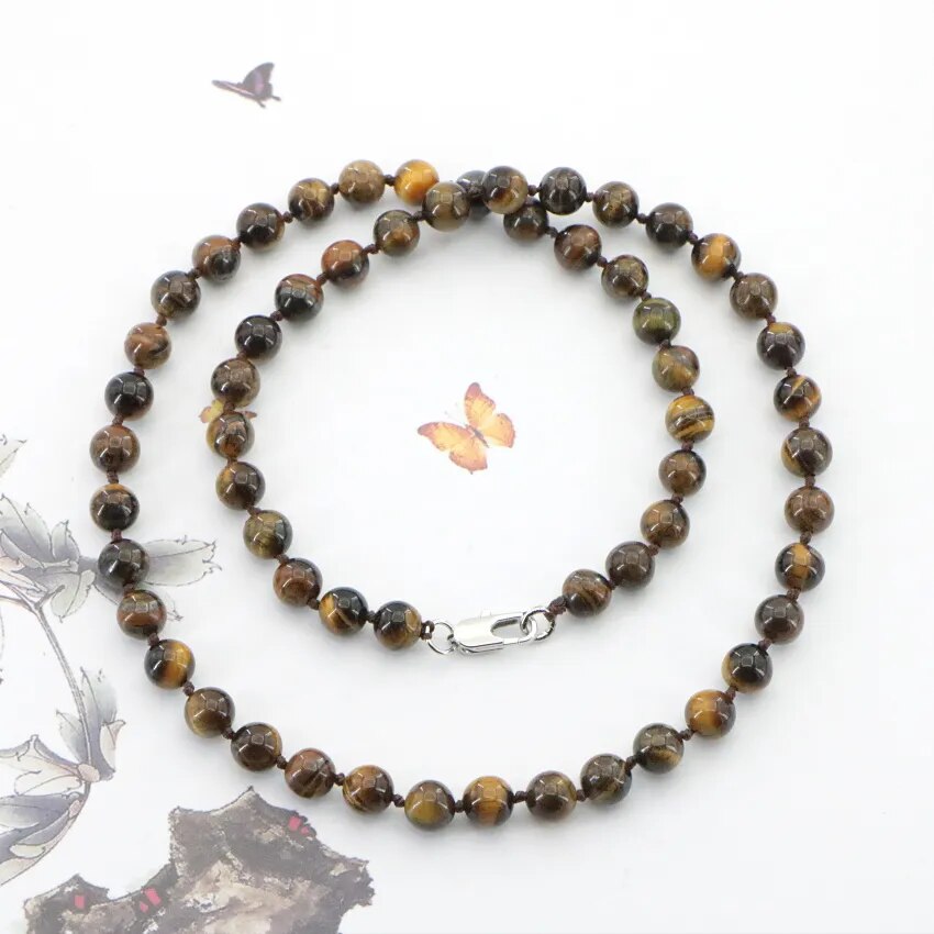 Natural 6-14mm Tiger Eye Stone Necklace Round Loose Beads Gems Stone Women Girls Wedding Christmas Gifts Jewelry Wholesale 18 "