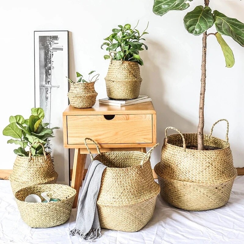 LuanQI Wicker Basket Toy Organizer Folding Rattan Seagrass Storage Basket Laundry Woven Basket Plant Flower Pot For Home Garden