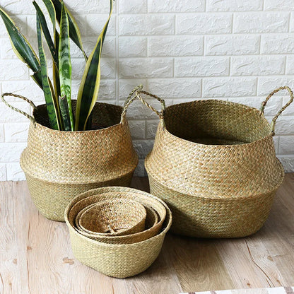 LuanQI Wicker Basket Toy Organizer Folding Rattan Seagrass Storage Basket Laundry Woven Basket Plant Flower Pot For Home Garden