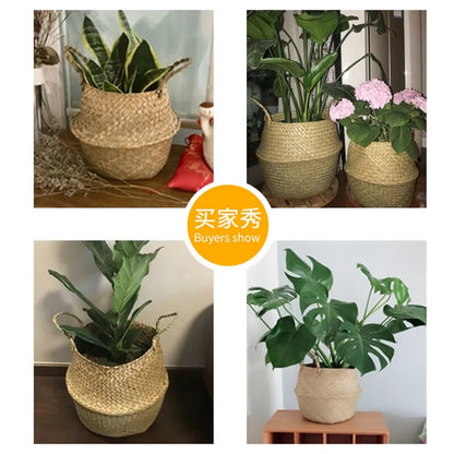 LuanQI Wicker Basket Toy Organizer Folding Rattan Seagrass Storage Basket Laundry Woven Basket Plant Flower Pot For Home Garden