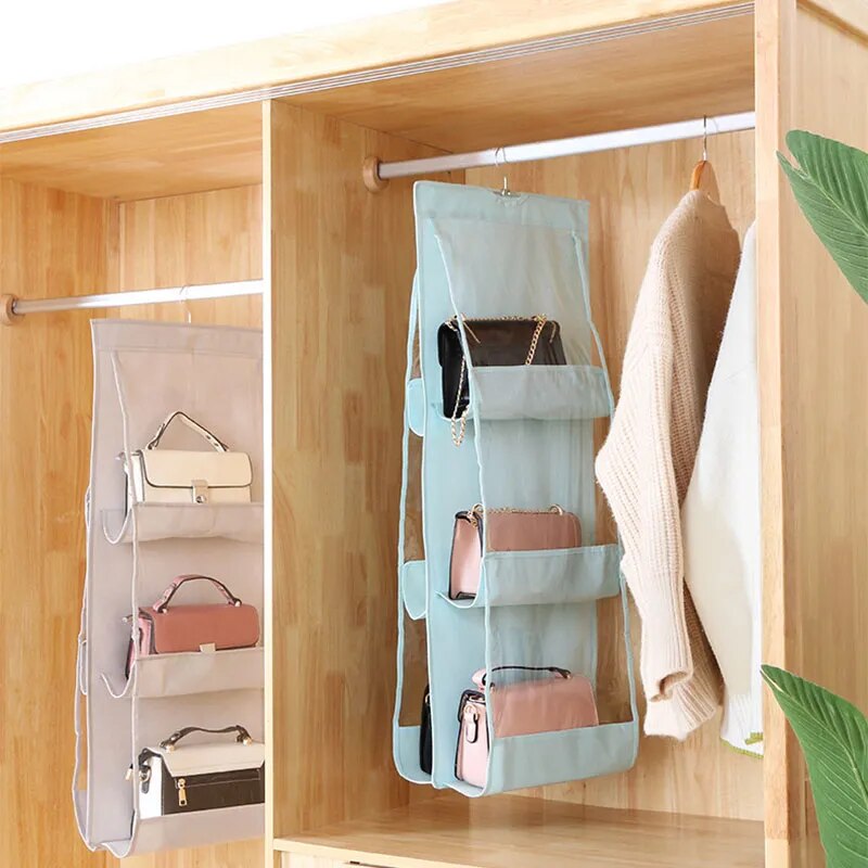 6 \8 Pockets Hanging Closet Organizer Clear Foldable Handbag Purse Storage Bag Bags Home Storage Organization with Hanger Pouch