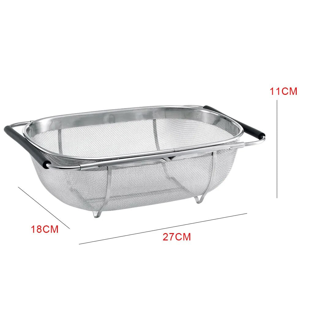 Stainless Steel Retractable Drain Basket Rubber Grip Handles Oval Colander Sink Vegetables Draining Rack Home Storage Basket