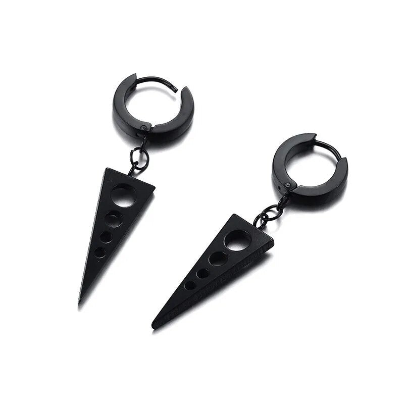 BLACK PUNK STYLE DANGLING TRIANGLE WITH HOLLOW ROUND SINGLE DROP EARRING FOR MEN BOYS HUGGIE HINGED EARING JEWELRY