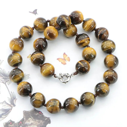 Natural 6-14mm Tiger Eye Stone Necklace Round Loose Beads Gems Stone Women Girls Wedding Christmas Gifts Jewelry Wholesale 18 "