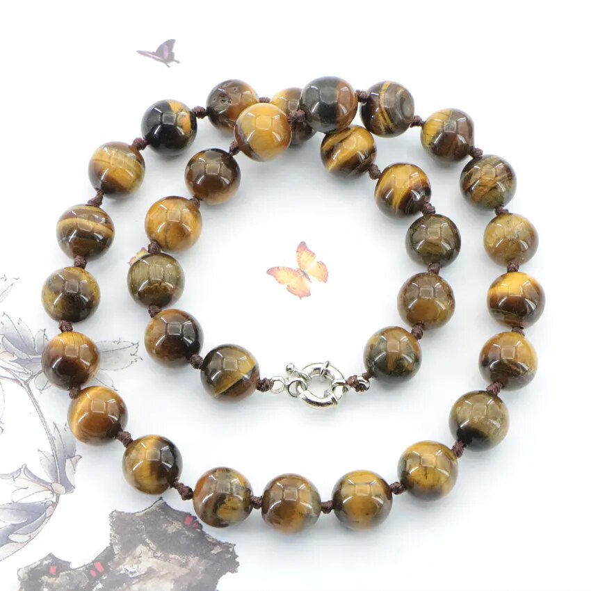 Natural 6-14mm Tiger Eye Stone Necklace Round Loose Beads Gems Stone Women Girls Wedding Christmas Gifts Jewelry Wholesale 18 "