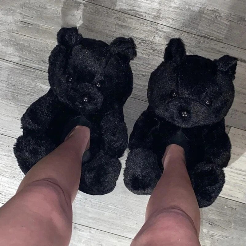 Winter Women Plush Teddy Bear Slippers Household Indoor Non-slip Artificial Fur Floor Home Thick Cotton Warm Shoes Cartoon Soft