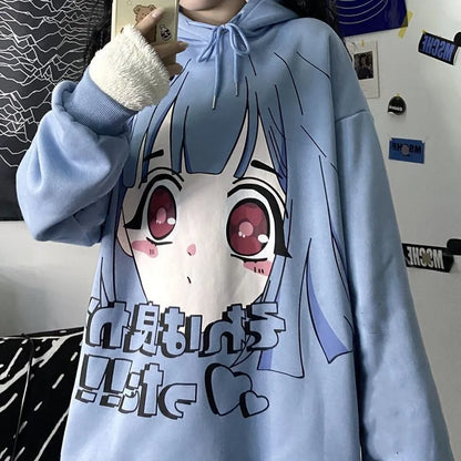 QWEEK Goth Harajuku Hoodie Punk Anime Oversized Sweatshirt Graffiti Hoodies Women Cartoon Print Hoodie 2021 Streetwear Women