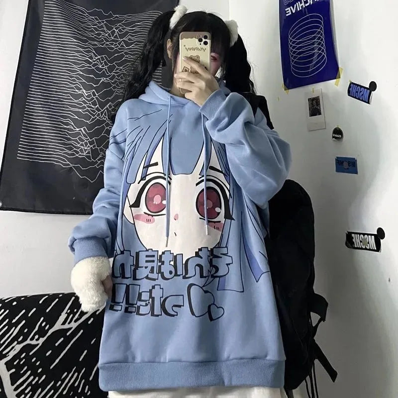 QWEEK Goth Harajuku Hoodie Punk Anime Oversized Sweatshirt Graffiti Hoodies Women Cartoon Print Hoodie 2021 Streetwear Women