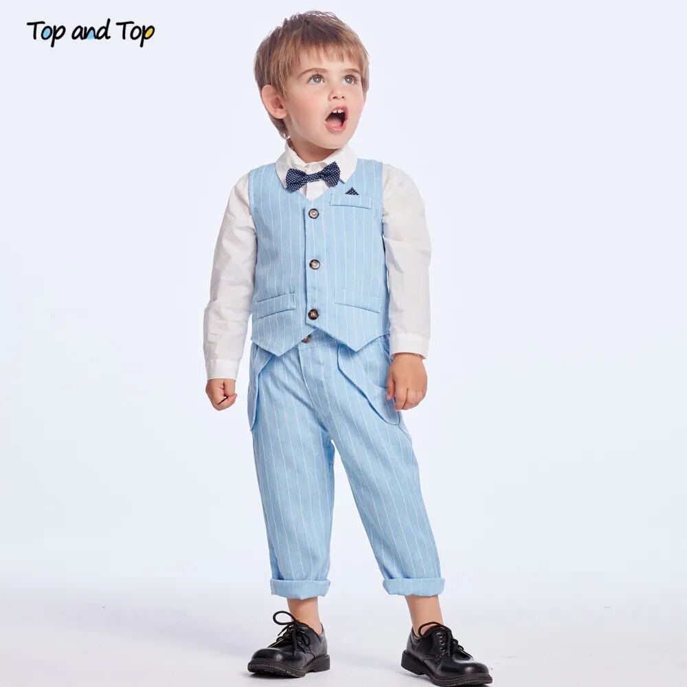 Top and Top Spring&Autumn Baby Boy Gentleman Suit White Shirt with Bow Tie+Striped Vest+Trousers 3Pcs Formal Kids Clothes Set