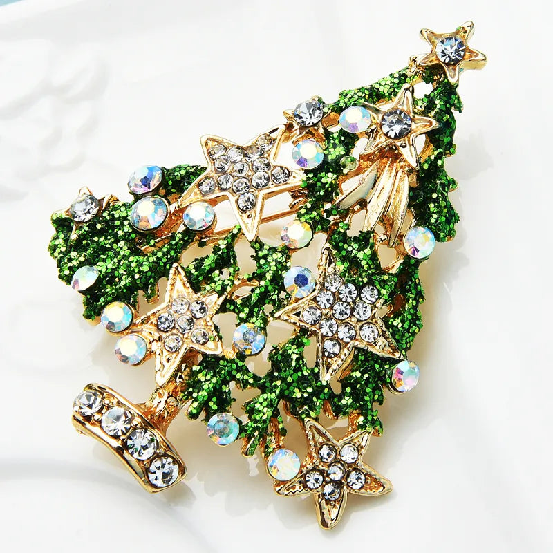 Wuli&baby Green Rhinestone Star Christmas Tree Brooches Women Men Party New Year Brooch Pins Gifts