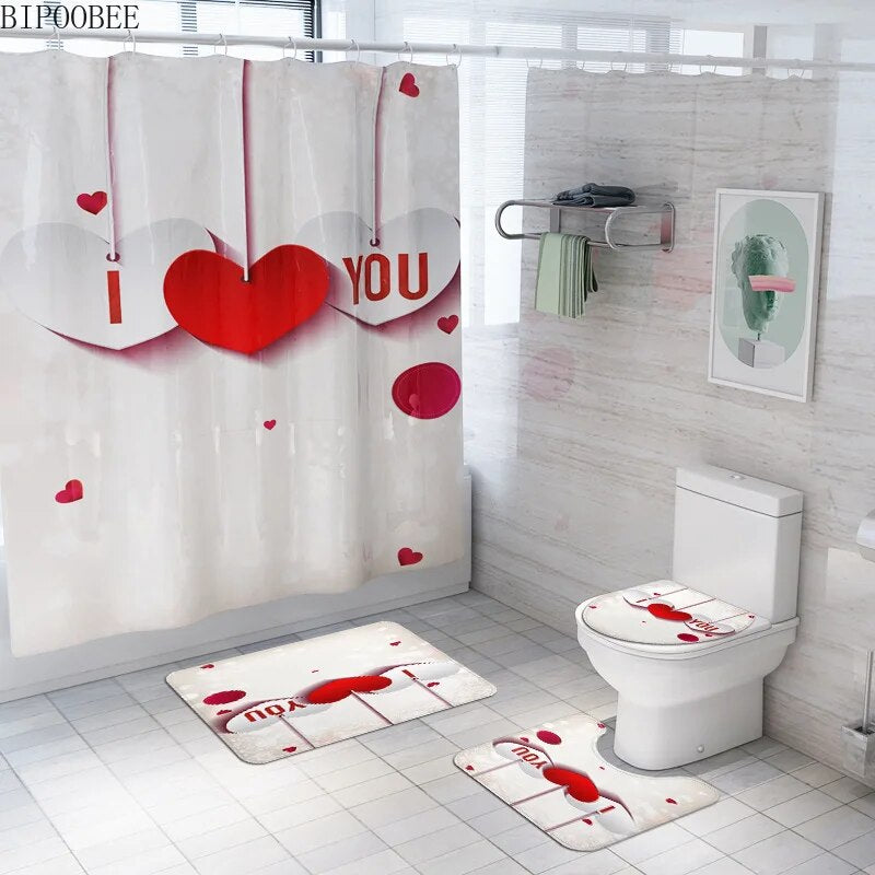 Red Rose Waterproof Shower Curtain Purple Love Bathroom Curtains Pedestal Rug Lid Toilet Cover Mats Bath Mat Set Home Decor