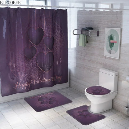 Red Rose Waterproof Shower Curtain Purple Love Bathroom Curtains Pedestal Rug Lid Toilet Cover Mats Bath Mat Set Home Decor