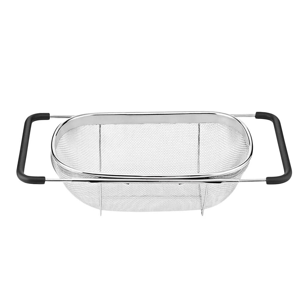 Stainless Steel Retractable Drain Basket Rubber Grip Handles Oval Colander Sink Vegetables Draining Rack Home Storage Basket