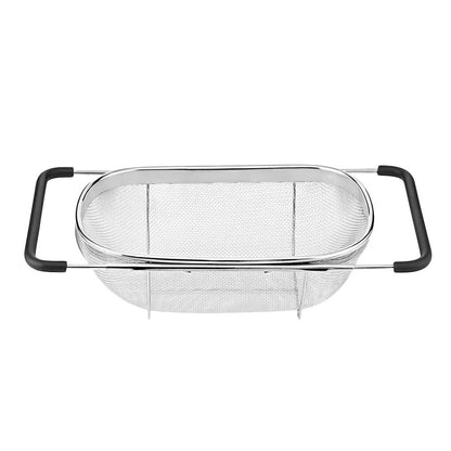 Stainless Steel Retractable Drain Basket Rubber Grip Handles Oval Colander Sink Vegetables Draining Rack Home Storage Basket