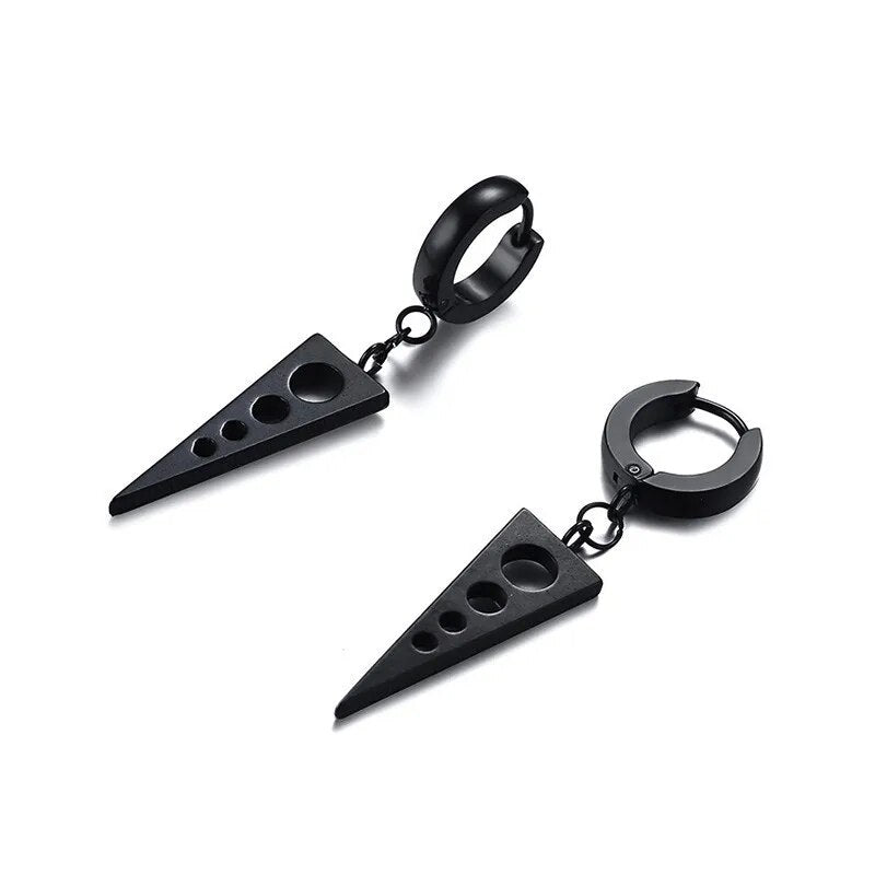 BLACK PUNK STYLE DANGLING TRIANGLE WITH HOLLOW ROUND SINGLE DROP EARRING FOR MEN BOYS HUGGIE HINGED EARING JEWELRY