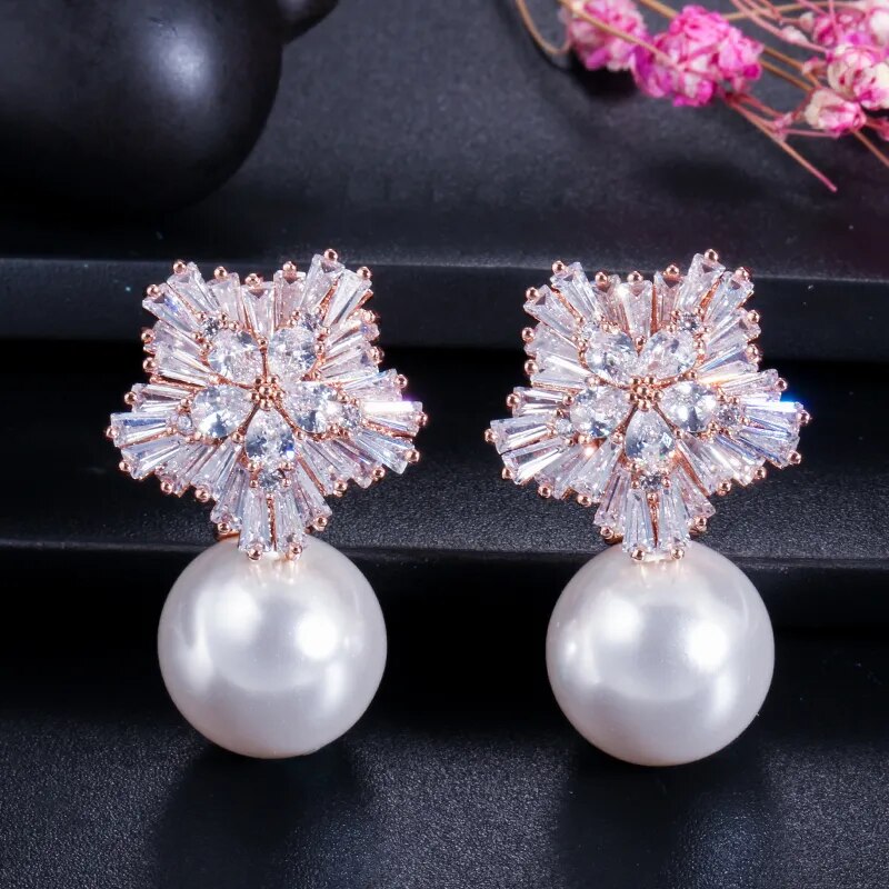 CWWZircons 2022 New Arrival Snow Flower Design Women Big Drop White Pearl Earrings with Cubic Zirconia Christmas Gift  CZ069