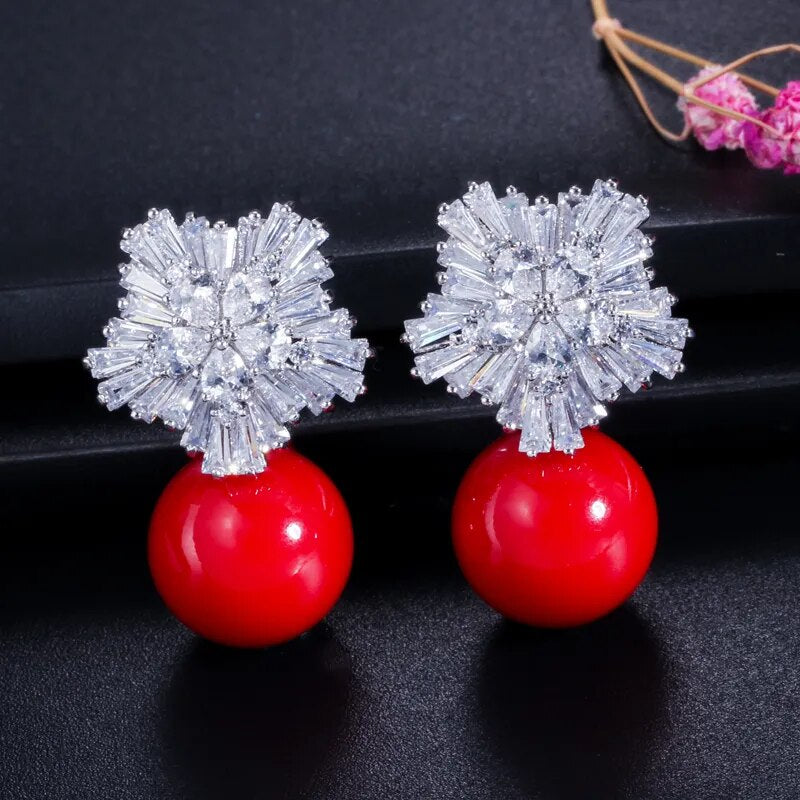 CWWZircons 2022 New Arrival Snow Flower Design Women Big Drop White Pearl Earrings with Cubic Zirconia Christmas Gift  CZ069