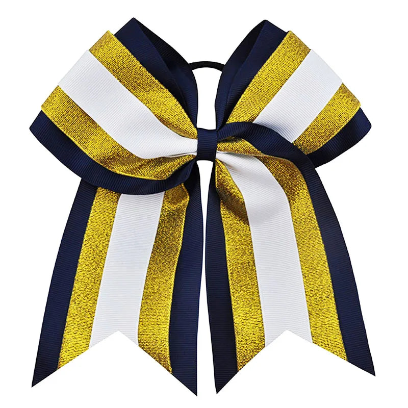 8 Inch Grils Hair Bows With Elastic Bands Girls Kids Grosgrain Cheerleading Bows With Gold Silver Organza Hair Accessories