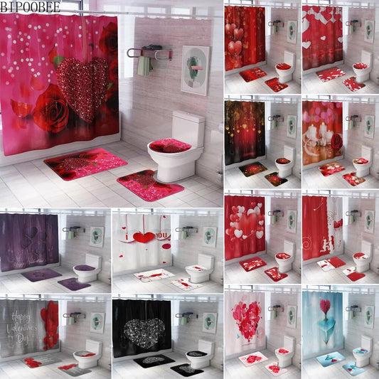 Red Rose Waterproof Shower Curtain Purple Love Bathroom Curtains Pedestal Rug Lid Toilet Cover Mats Bath Mat Set Home Decor