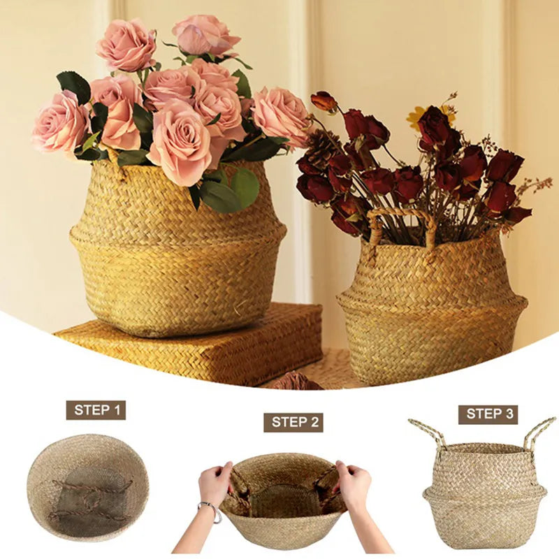 LuanQI Wicker Basket Toy Organizer Folding Rattan Seagrass Storage Basket Laundry Woven Basket Plant Flower Pot For Home Garden