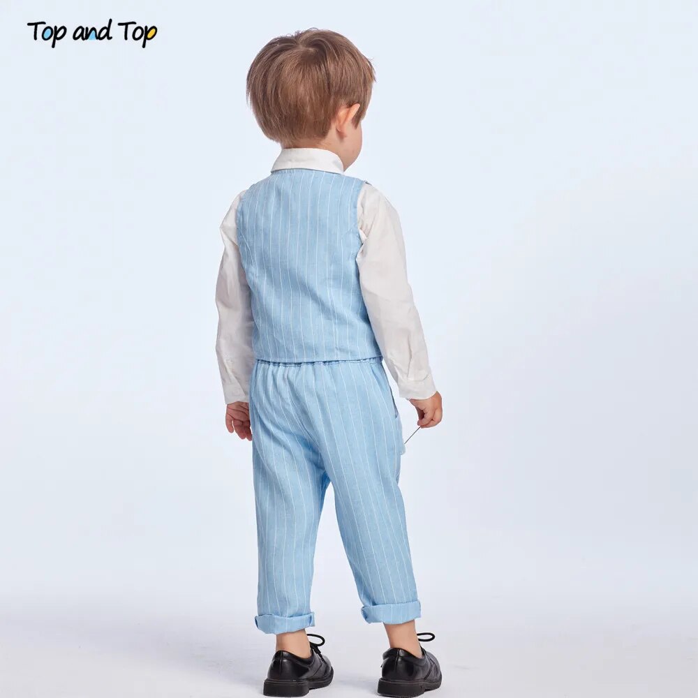 Top and Top Spring&Autumn Baby Boy Gentleman Suit White Shirt with Bow Tie+Striped Vest+Trousers 3Pcs Formal Kids Clothes Set