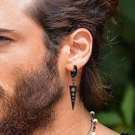 BLACK PUNK STYLE DANGLING TRIANGLE WITH HOLLOW ROUND SINGLE DROP EARRING FOR MEN BOYS HUGGIE HINGED EARING JEWELRY