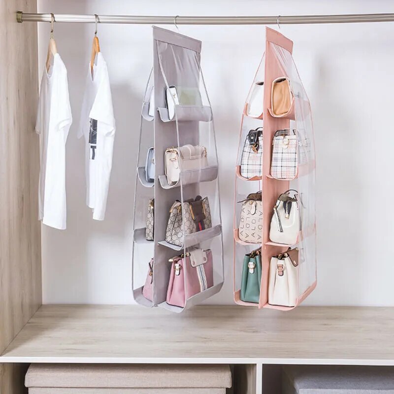 6 \8 Pockets Hanging Closet Organizer Clear Foldable Handbag Purse Storage Bag Bags Home Storage Organization with Hanger Pouch