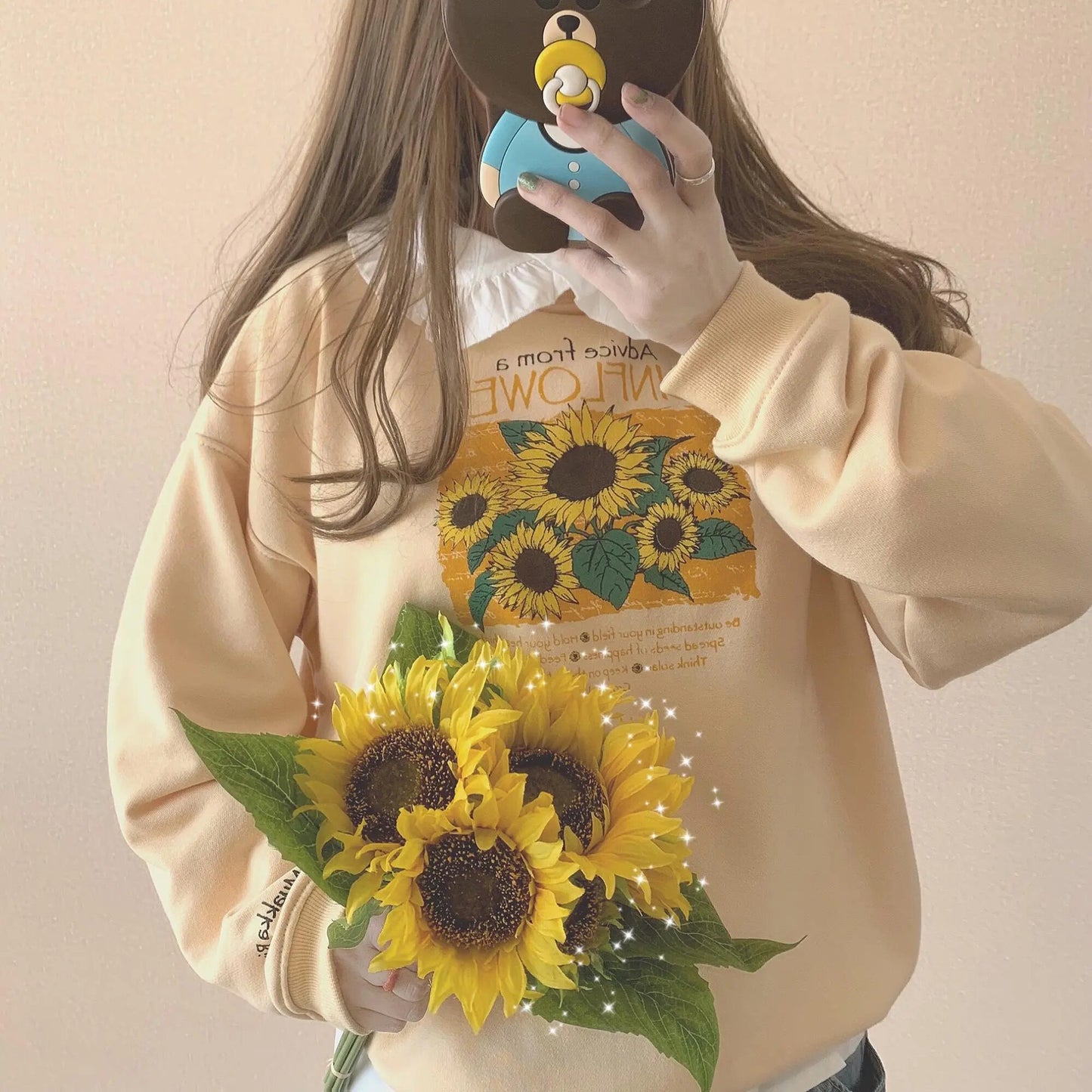 Cute Japanese Style Sweatshirt Sunflower Print Women Long Sleeve O-neck Loose Pullovers Streetwear Casual Hoodies Tops Female