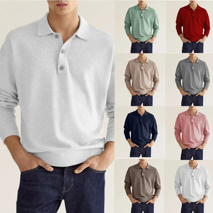 Fashion Autumn Solid Color Casual V-neck Buttons Long-Sleeved T-shirt All-Match Business Polo Shirt Men's Polo Shirt